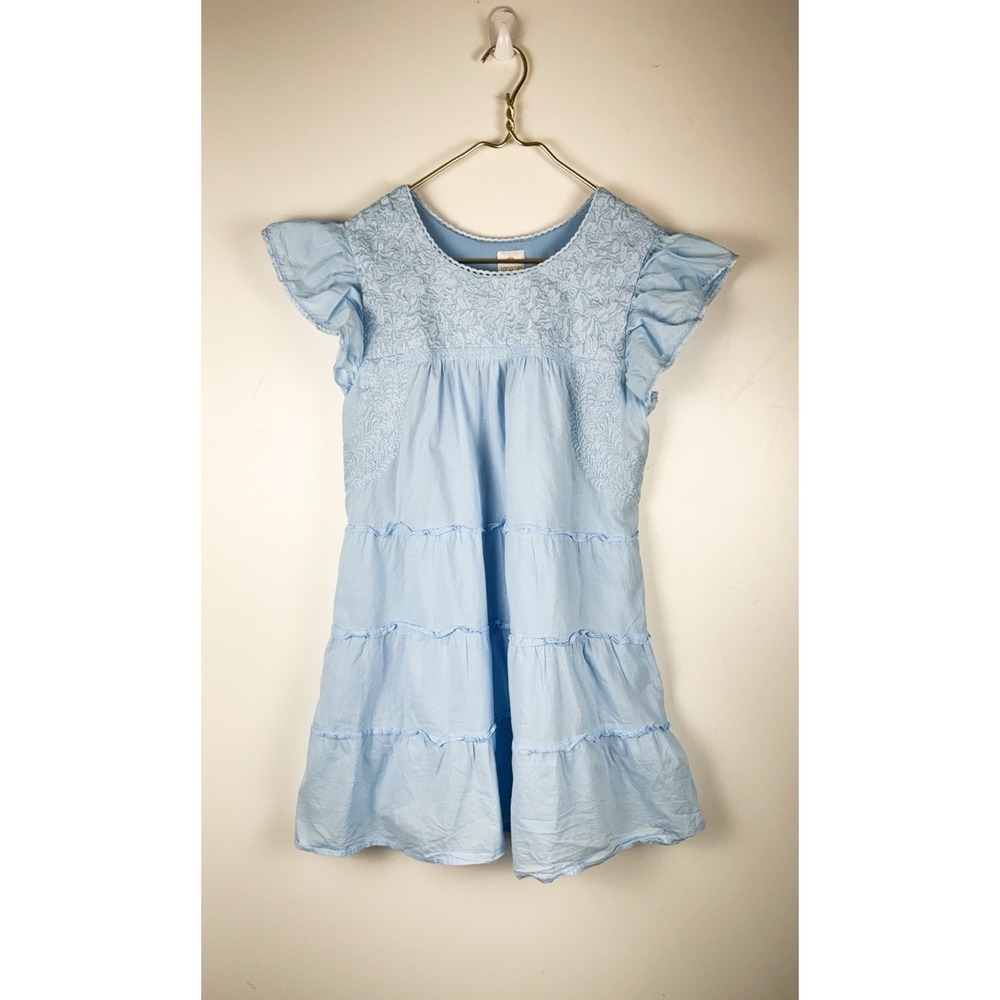 J.Marie Kennedy Blue Stripe Embroidered Tiered Flutter Sleeve Dress Cotton L